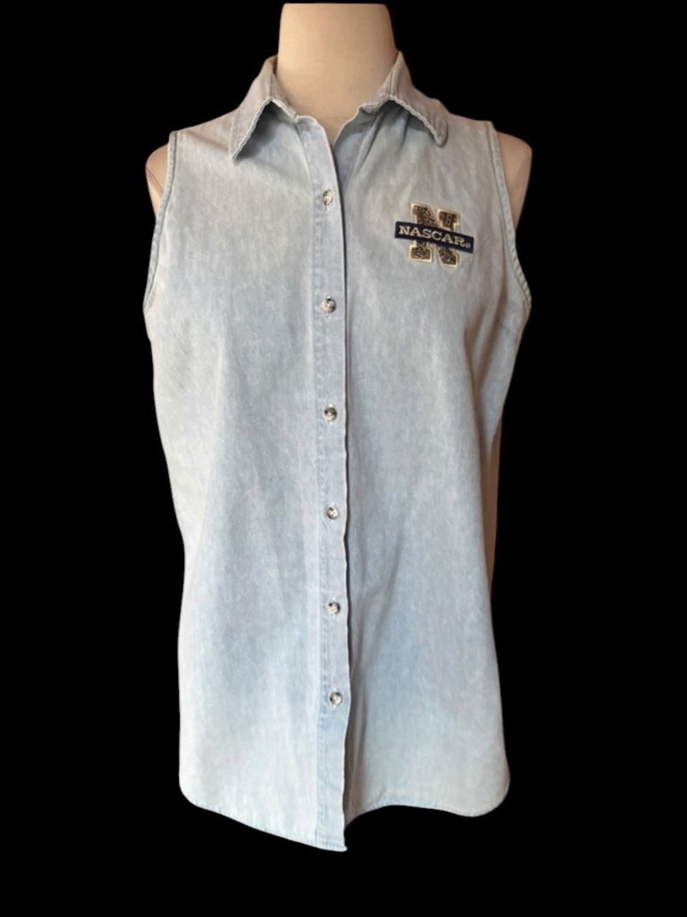 1990s Crystal Springs NASCAR Patch Sleeveless Button Down Denim Shirt